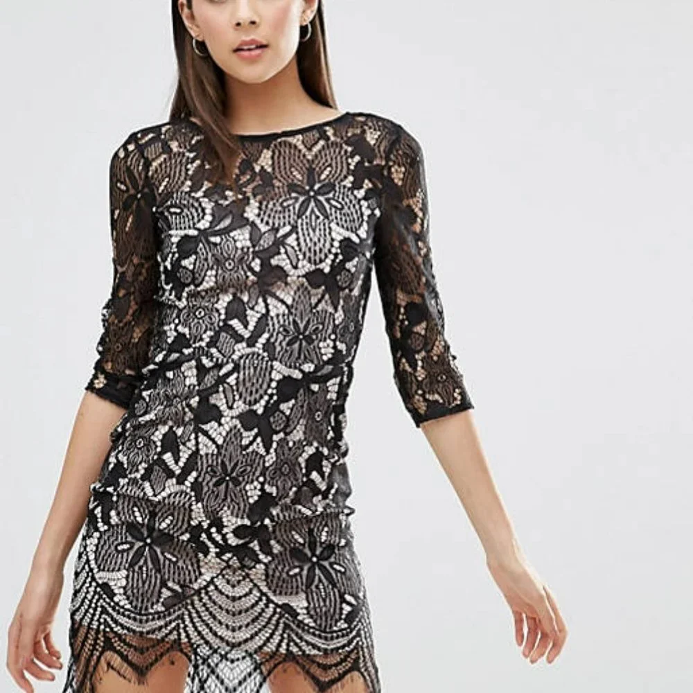 NWT Asos Parisian Collection Black Lace and Nude Fitted Dress. SZ 8